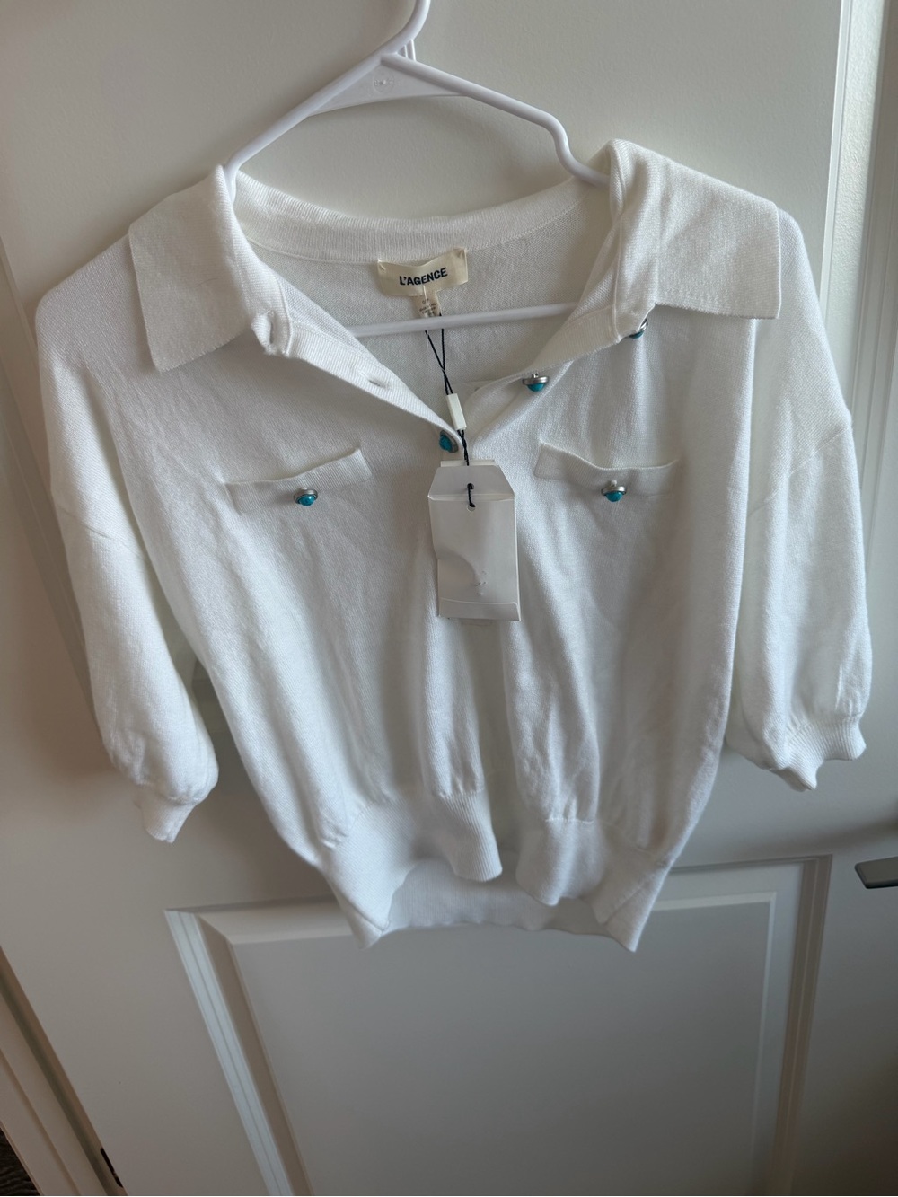 L'AGENCE White Polo-Collar Knit Sweater with Turquoise Accent Buttons